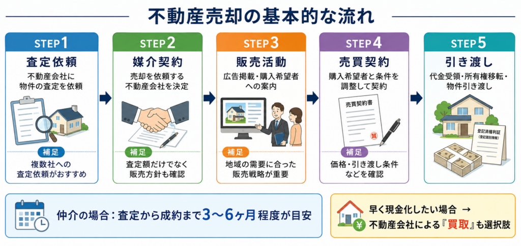 不動産売却の査定依頼・媒介契約・販売活動・売買契約・引き渡しまでの基本的な流れを示した図解